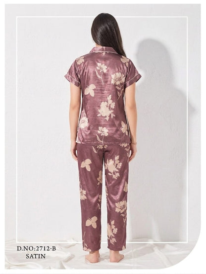 Midnight Mauve Floral Satin Pajama Set