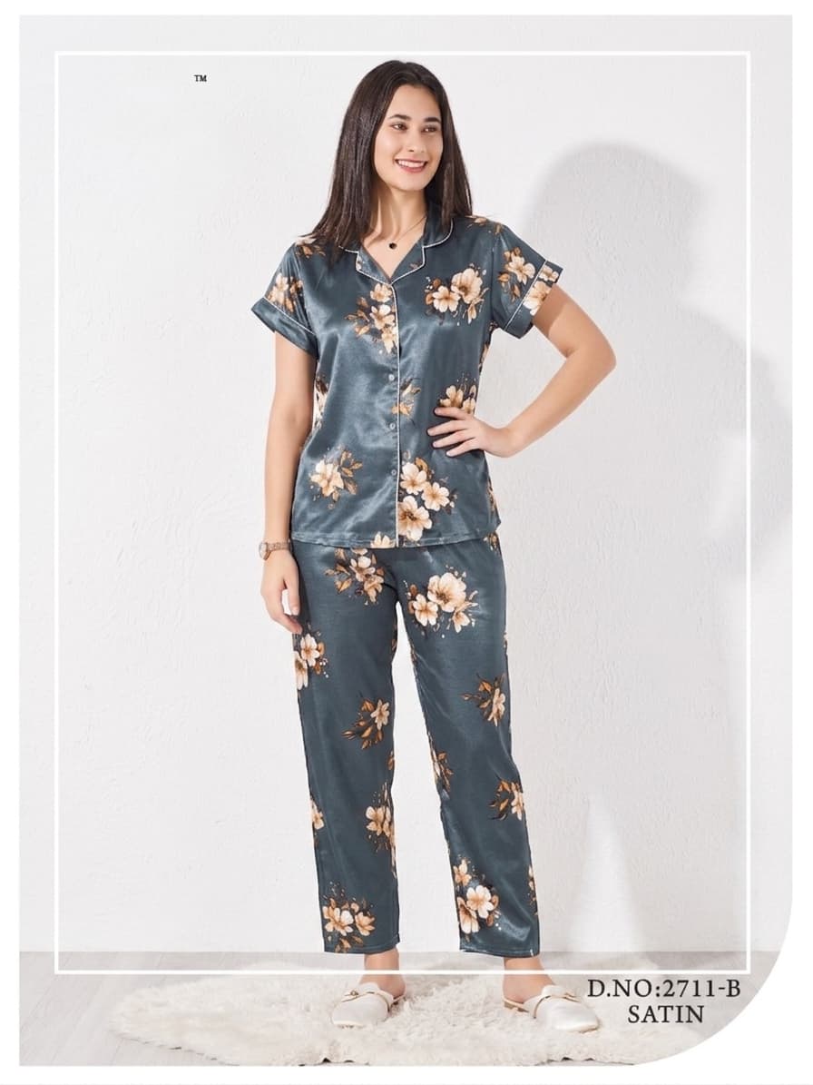 Teal Satin Short-Sleeve Floral Pajama Set