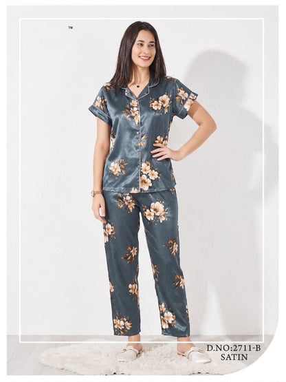 Teal Satin Short-Sleeve Floral Pajama Set
