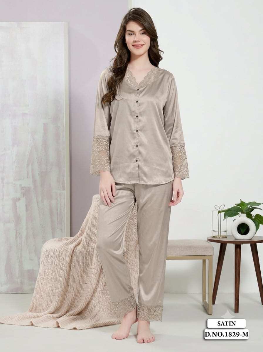 Charming Gold Lace Satin Sleepwear